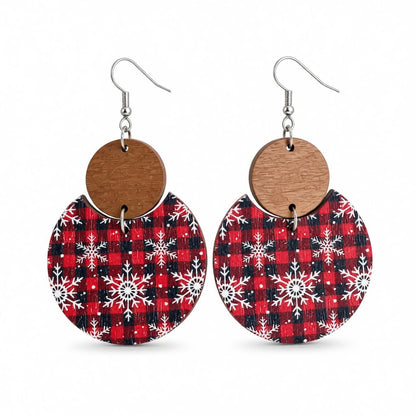 Red Buffalo Check and Snowflake Double-Circle Wood Drop Earrings, drop earrings for women, side view