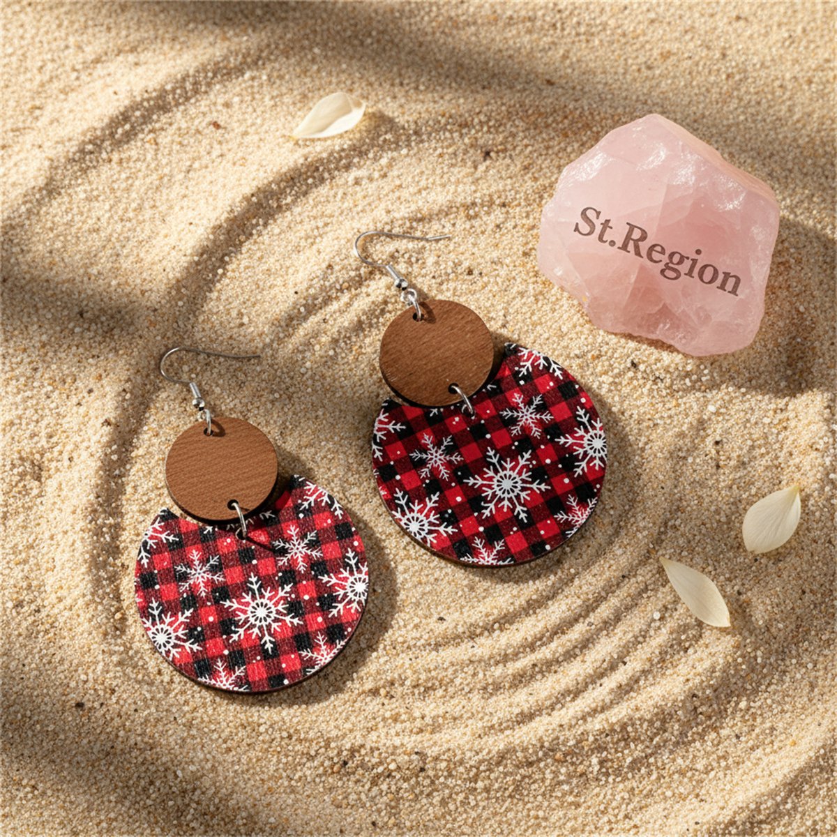 Red Buffalo Check and Snowflake Double-Circle Wood Drop Earrings, drop earrings for women, detail close-up