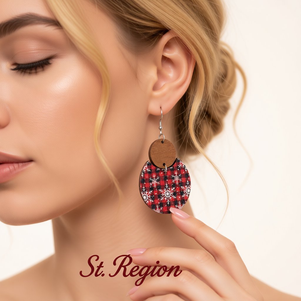 Red Buffalo Check and Snowflake Double-Circle Wood Drop Earrings, drop earrings for women, styled look