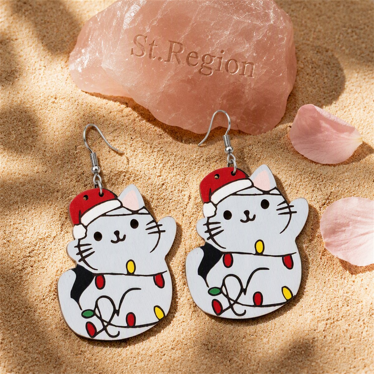 Red Wood and Silver-Plated Santa Hat Cat Drop Earrings, silver drop earrings for women, elegant gift for her, detail close-up