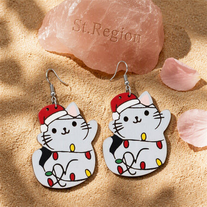 Red Wood and Silver-Plated Santa Hat Cat Drop Earrings, silver drop earrings for women, elegant gift for her, detail close-up