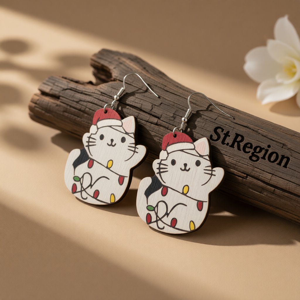 Red Wood and Silver-Plated Santa Hat Cat Drop Earrings, silver drop earrings for women, elegant gift for her, front view
