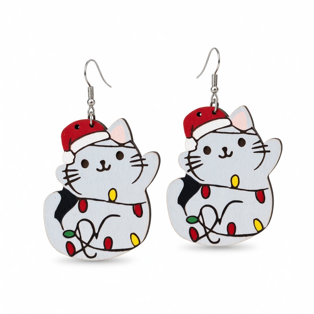 Red Wood and Silver-Plated Santa Hat Cat Drop Earrings, silver drop earrings for women, elegant gift for her, side view
