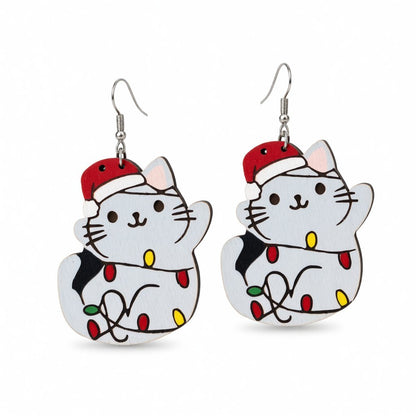 Red Wood and Silver-Plated Santa Hat Cat Drop Earrings, silver drop earrings for women, elegant gift for her, side view