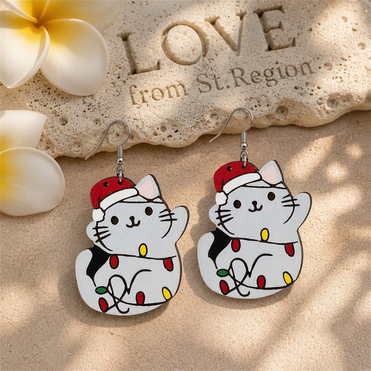 Red Wood and Silver-Plated Santa Hat Cat Drop Earrings, silver drop earrings for women, elegant gift for her, lifestyle look