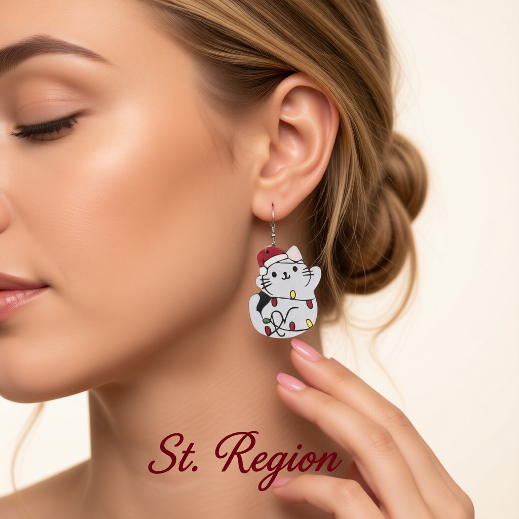 Red Wood and Silver-Plated Santa Hat Cat Drop Earrings, silver drop earrings for women, elegant gift for her, styled look