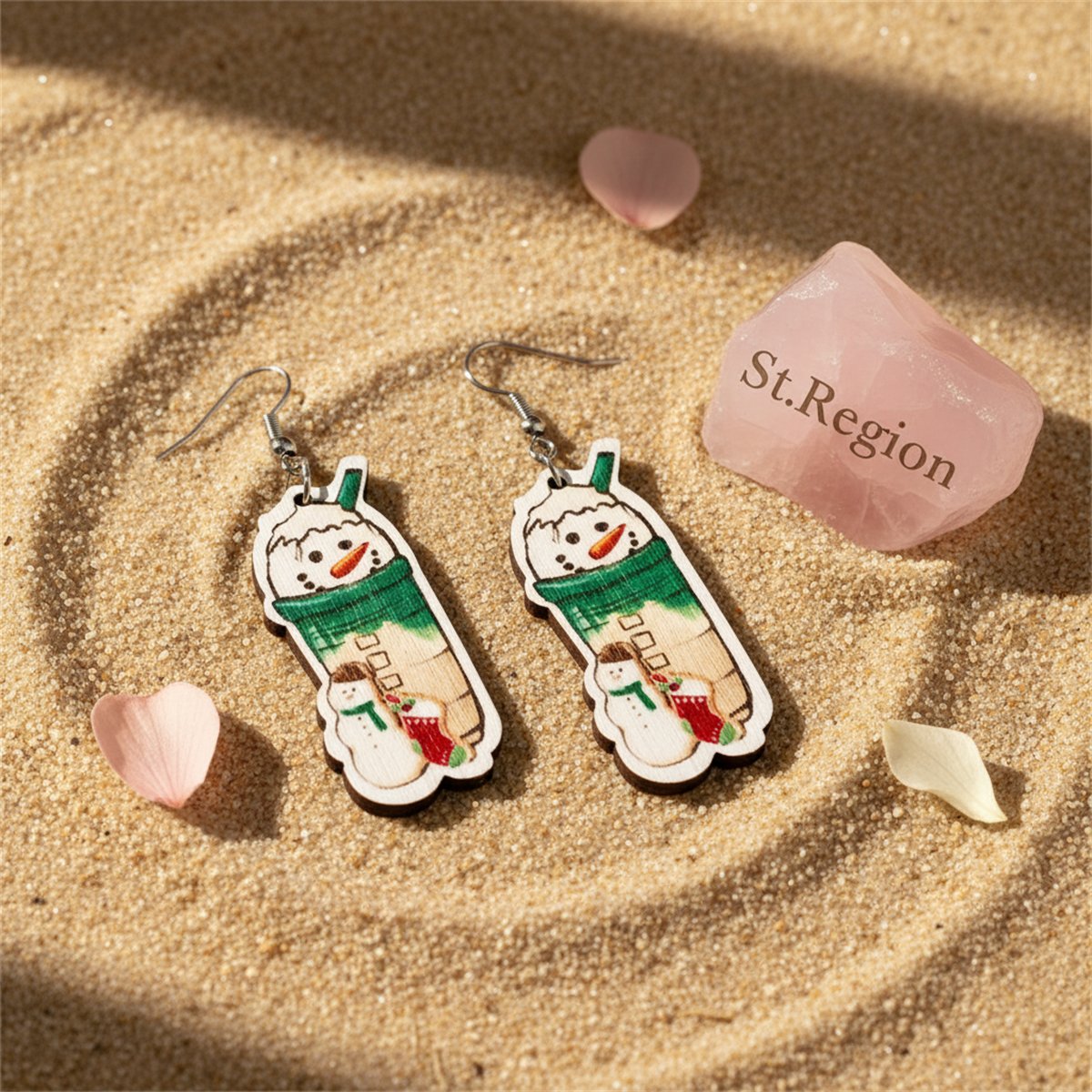 Green and Silver-Plated Snowman Drink Drop Earrings, silver drop earrings for women, botanical inspired, detail close-up