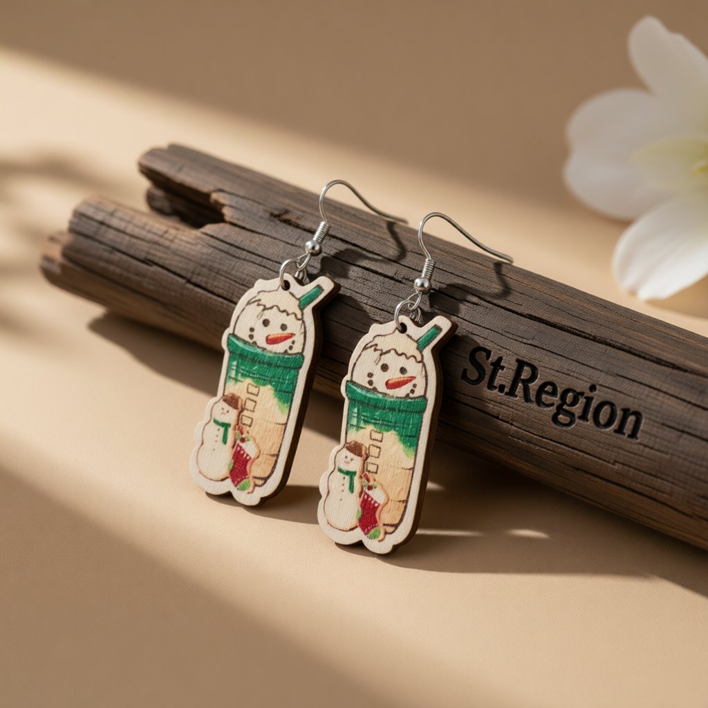 Green and Silver-Plated Snowman Drink Drop Earrings, silver drop earrings for women, botanical inspired, front view