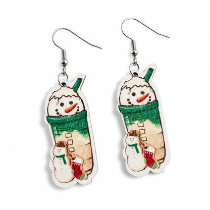 Green and Silver-Plated Snowman Drink Drop Earrings, silver drop earrings for women, botanical inspired, side view