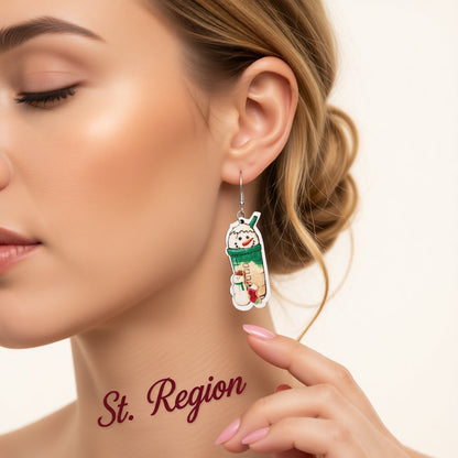 Green and Silver-Plated Snowman Drink Drop Earrings, silver drop earrings for women, botanical inspired, styled look