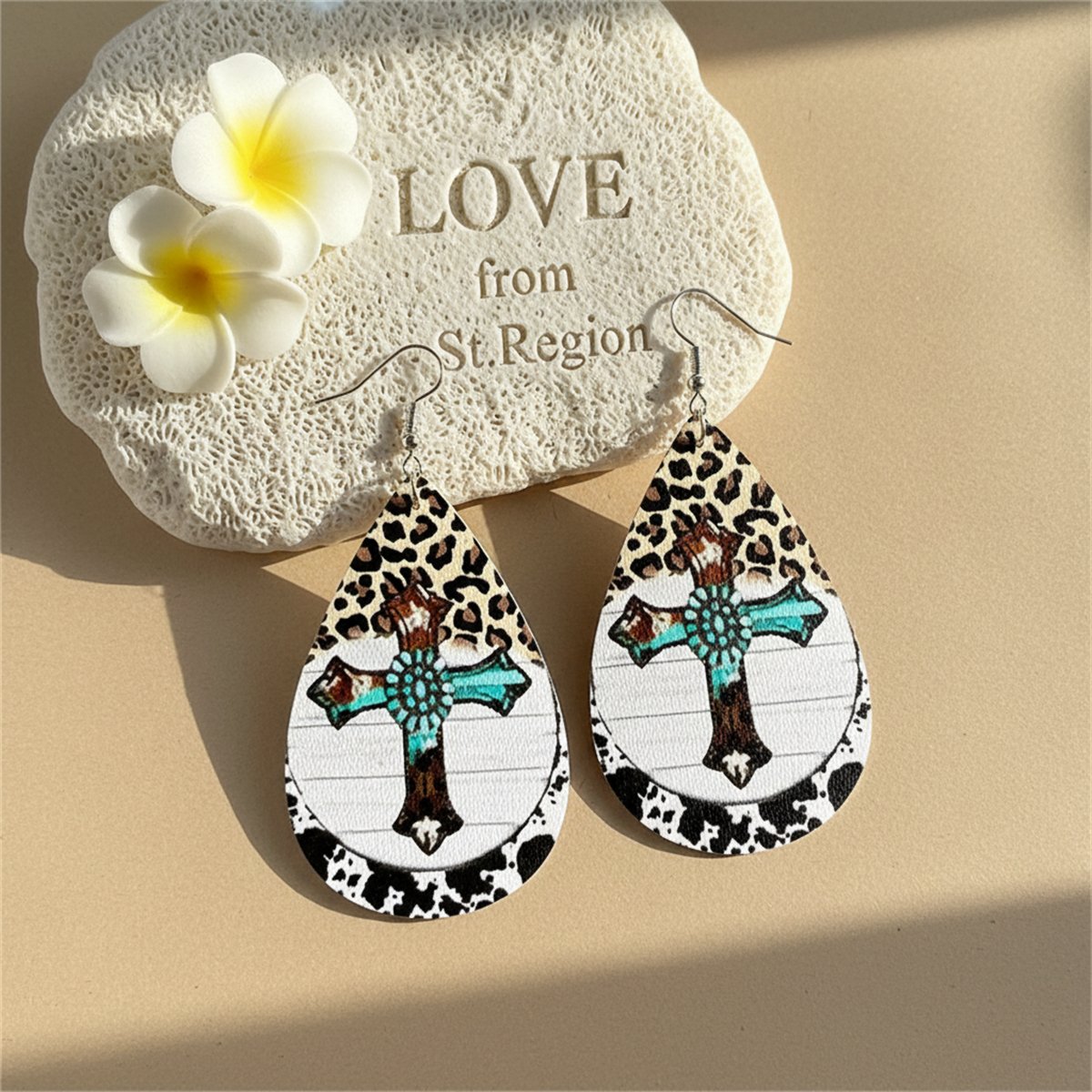 White Polystyrene and Silver-Plated Leopard Cross Drop Earrings, silver drop earrings for women, lifestyle look