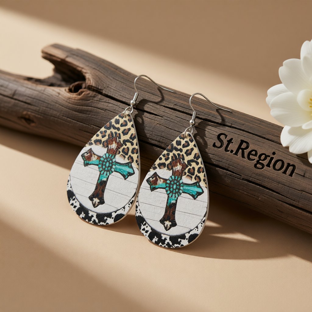White Polystyrene and Silver-Plated Leopard Cross Drop Earrings, silver drop earrings for women, everyday style, front view