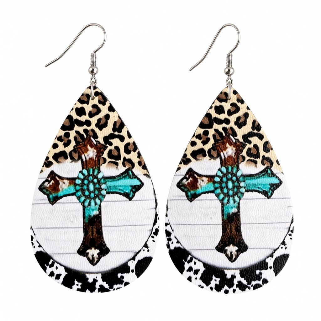 White Polystyrene and Silver-Plated Leopard Cross Drop Earrings, silver drop earrings for women, everyday style, side view