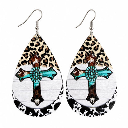 White Polystyrene and Silver-Plated Leopard Cross Drop Earrings, silver drop earrings for women, everyday style, side view