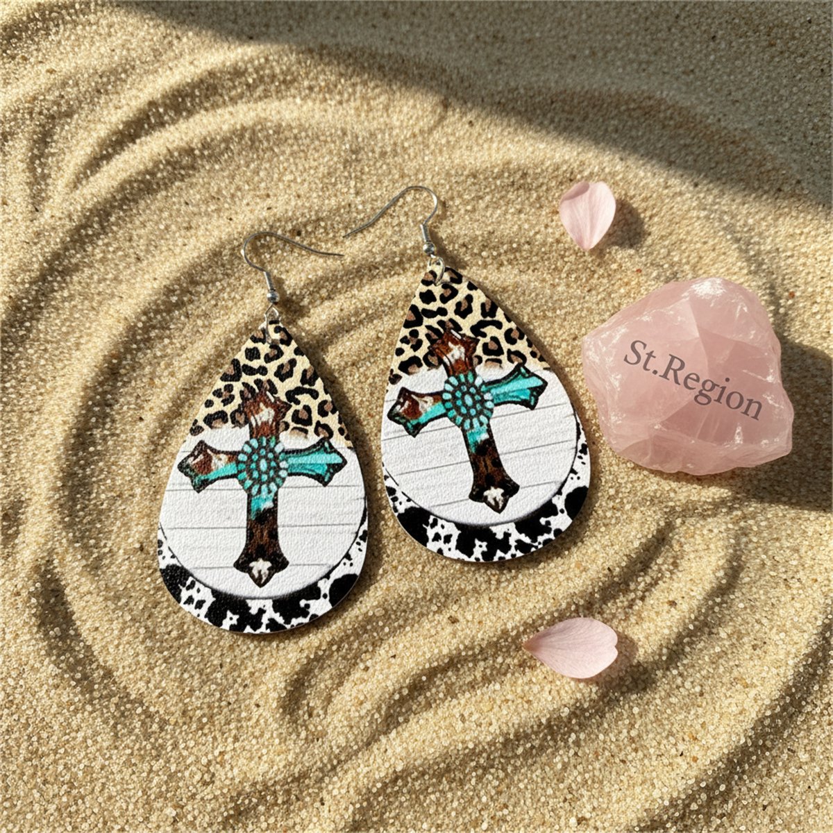 White Polystyrene and Silver-Plated Leopard Cross Drop Earrings, silver drop earrings for women, detail close-up