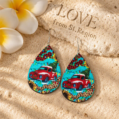 Blue and Red Truck and Christmas Tree Teardrop Earrings, drop earrings for women, everyday style, lifestyle look