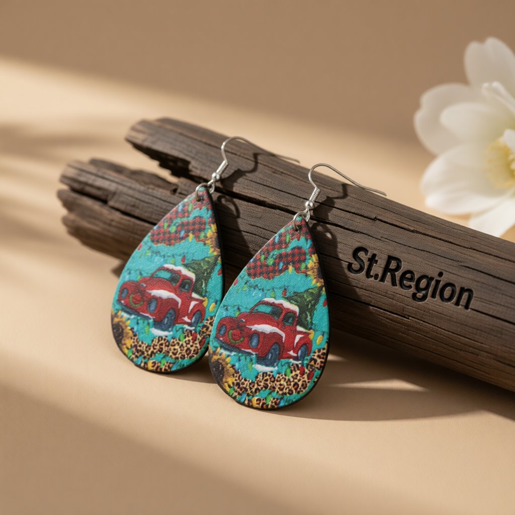 Blue and Red Truck and Christmas Tree Teardrop Earrings, drop earrings for women, everyday style, front view