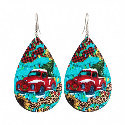 Blue and Red Truck and Christmas Tree Teardrop Earrings, drop earrings for women, everyday style, side view