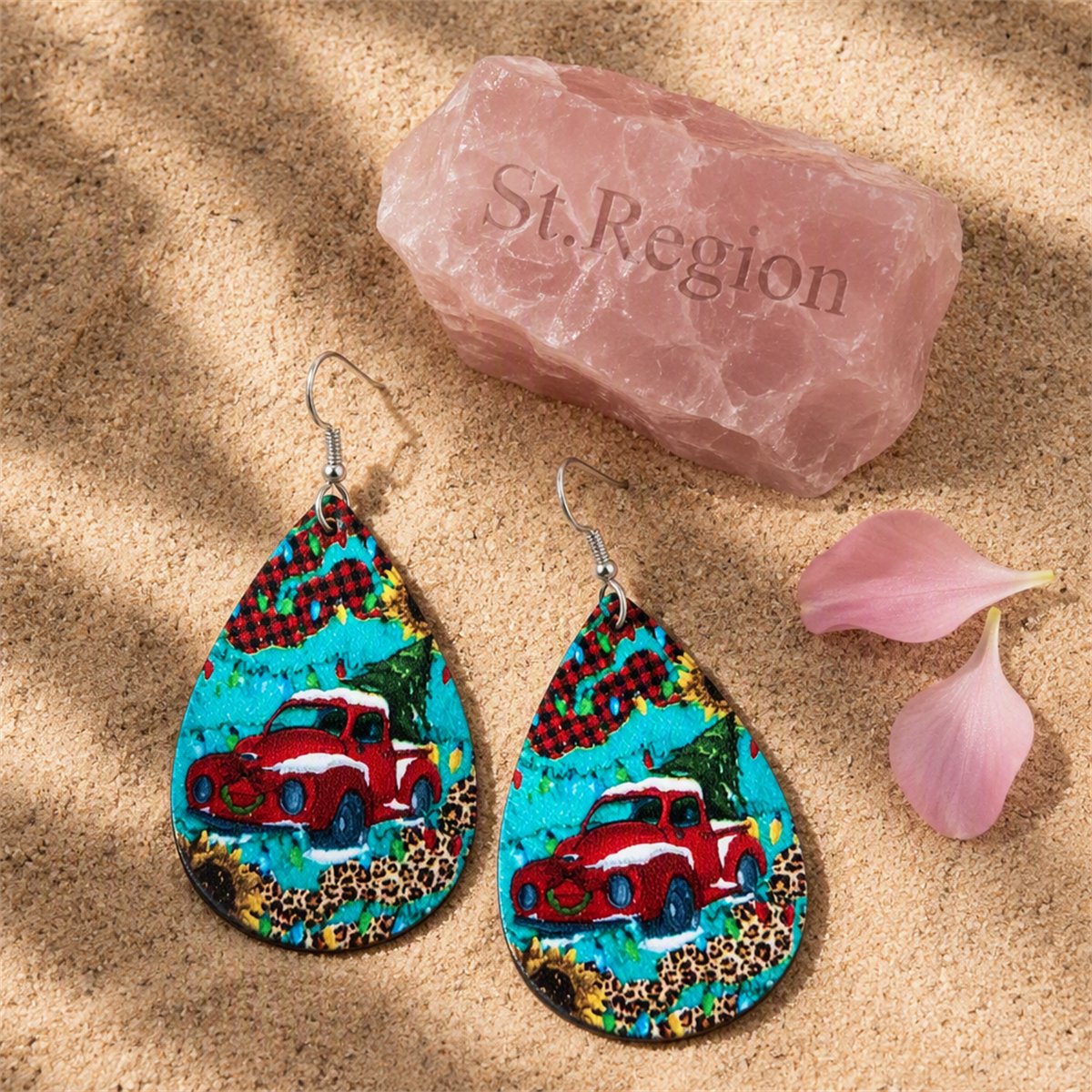 Blue and Red Truck and Christmas Tree Teardrop Earrings, drop earrings for women, everyday style, detail close-up
