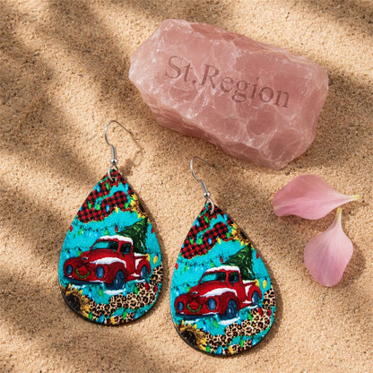 Blue and Red Truck and Christmas Tree Teardrop Earrings, drop earrings for women, everyday style, detail close-up