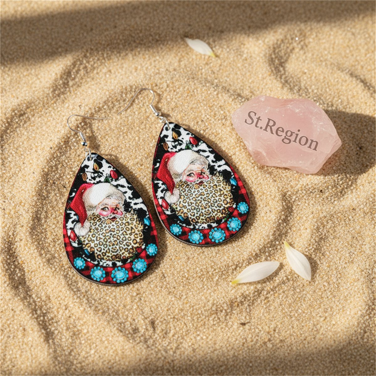 Red Multicolor Leopard and Silver-Plated Santa Drop Earrings, silver drop earrings for women, detail close-up