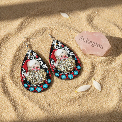 Red Multicolor Leopard and Silver-Plated Santa Drop Earrings, silver drop earrings for women, detail close-up