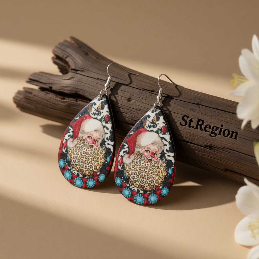 Red Multicolor Leopard and Silver-Plated Santa Drop Earrings, silver drop earrings for women, botanical inspired, front view