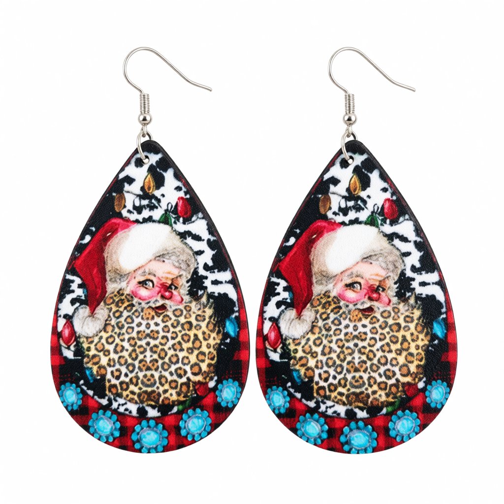 Red Multicolor Leopard and Silver-Plated Santa Drop Earrings, silver drop earrings for women, botanical inspired, side view