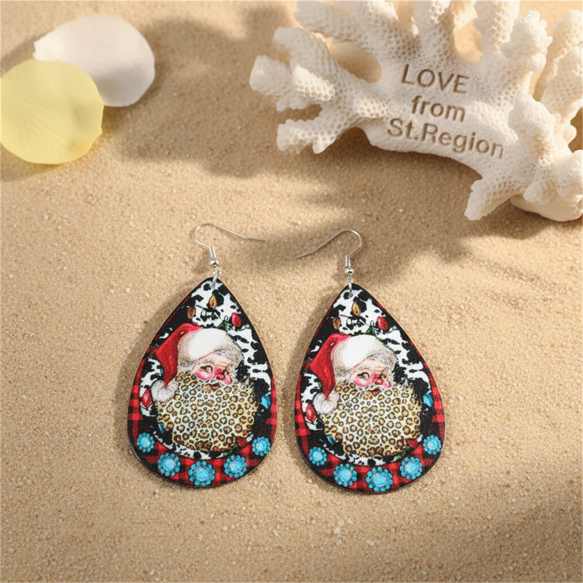 Red Multicolor Leopard and Silver-Plated Santa Drop Earrings, silver drop earrings for women, lifestyle look