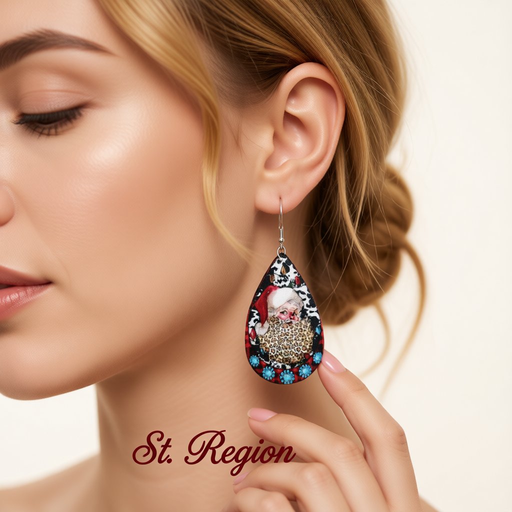 Red Multicolor Leopard and Silver-Plated Santa Drop Earrings, silver drop earrings for women, botanical inspired, styled look
