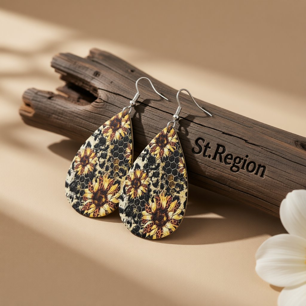 Yellow and Gray Honecomb Sunflower Teardrop Earrings, drop earrings for women, vintage-inspired design, front view