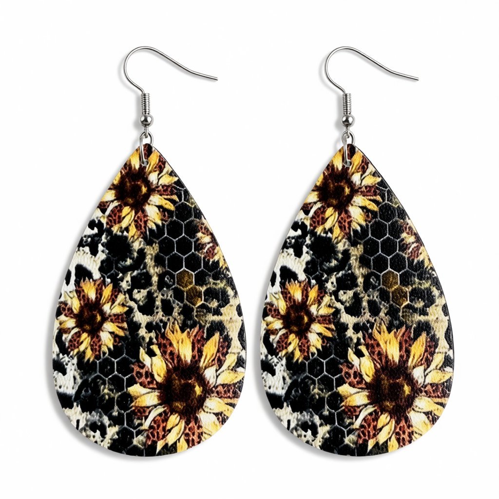 Yellow and Gray Honecomb Sunflower Teardrop Earrings, drop earrings for women, vintage-inspired design, side view