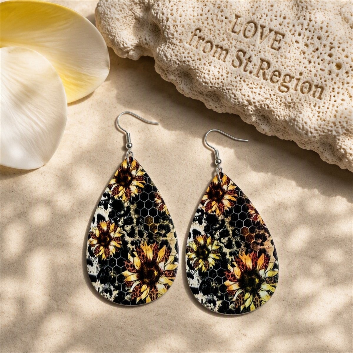 Yellow and Gray Honecomb Sunflower Teardrop Earrings, drop earrings for women, vintage-inspired design, lifestyle look