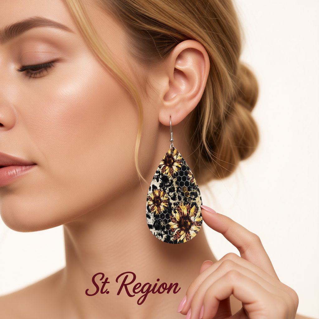 Yellow and Gray Honecomb Sunflower Teardrop Earrings, drop earrings for women, vintage-inspired design, styled look