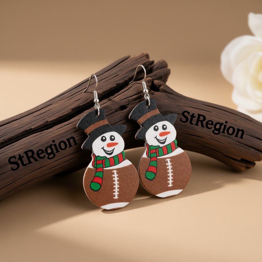 Brown and White Rugby Snowman Drop Earrings, drop earrings for women, everyday style, front view