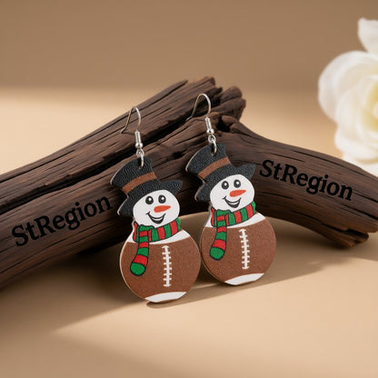 Brown and White Rugby Snowman Drop Earrings, drop earrings for women, everyday style, front view