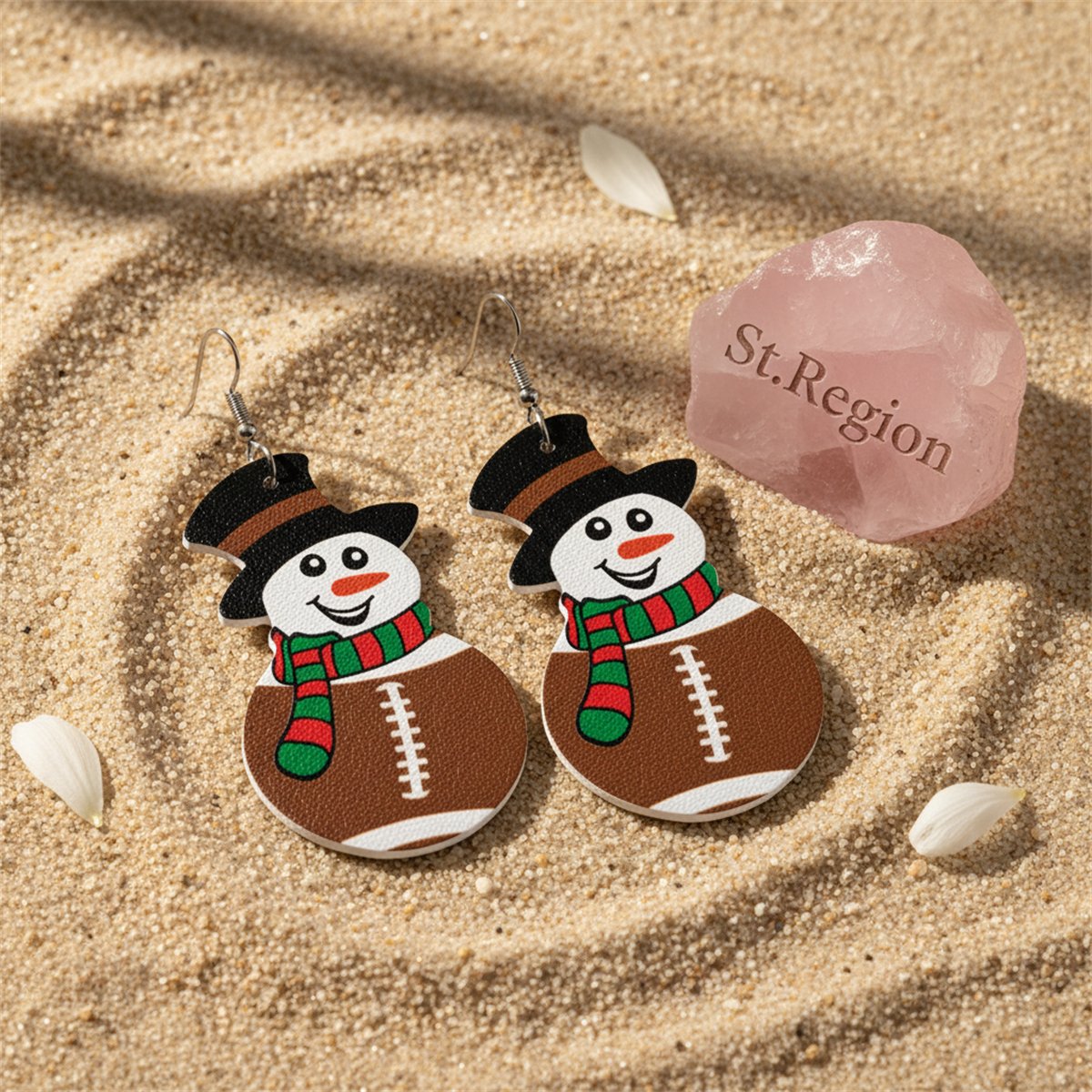 Brown and White Rugby Snowman Drop Earrings, drop earrings for women, everyday style, detail close-up