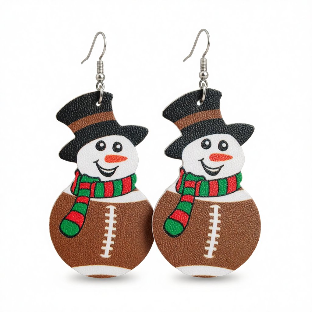 Brown and White Rugby Snowman Drop Earrings, drop earrings for women, everyday style, side view