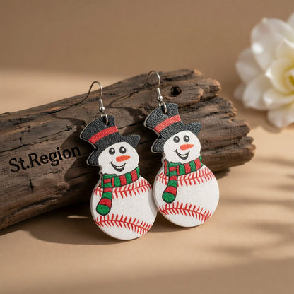 White and Red Baseball Snowman Drop Earrings, drop earrings for women, everyday style, front view