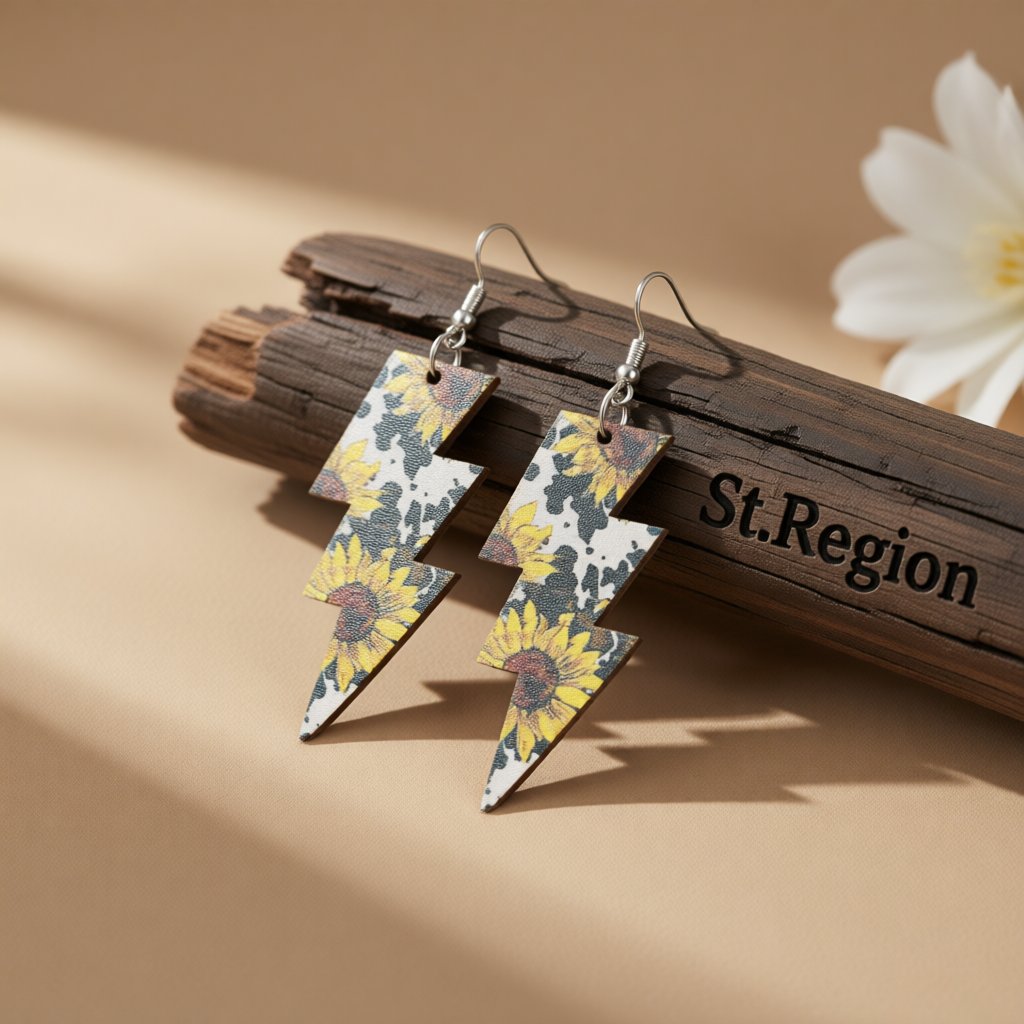 Yellow and Silver-Plated Sunflowers Lightning Drop Earrings, silver drop earrings for women, elegant gift for her, front view