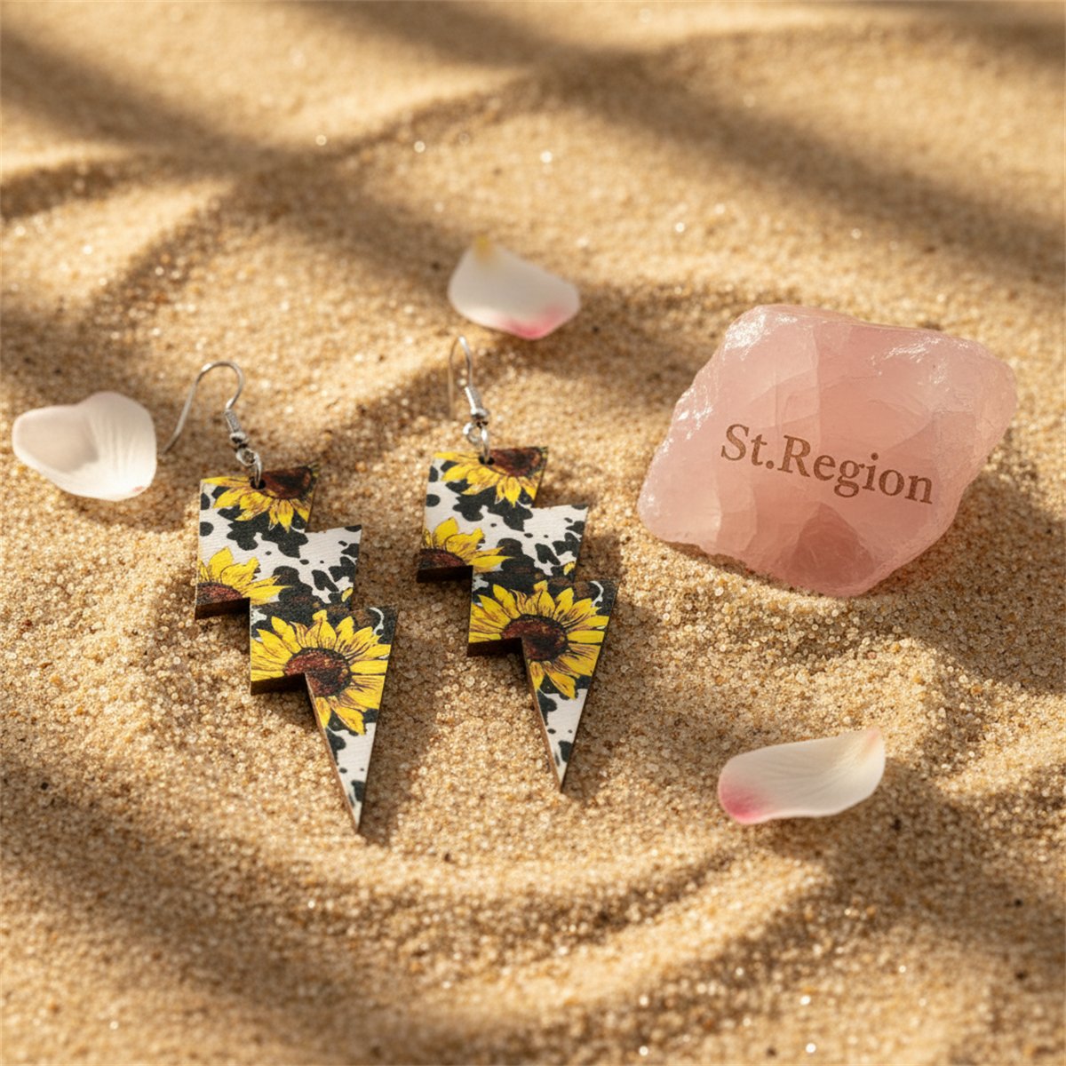 Yellow and Silver-Plated Sunflowers Lightning Drop Earrings, silver drop earrings for women, detail close-up