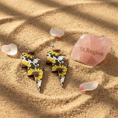 Yellow and Silver-Plated Sunflowers Lightning Drop Earrings, silver drop earrings for women, detail close-up