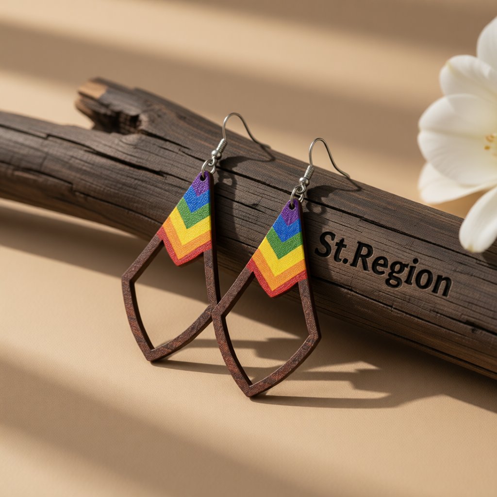 Wood Rainbow Chevron Open Rhombus Drop Earrings, drop earrings for women, vintage-inspired design, front view