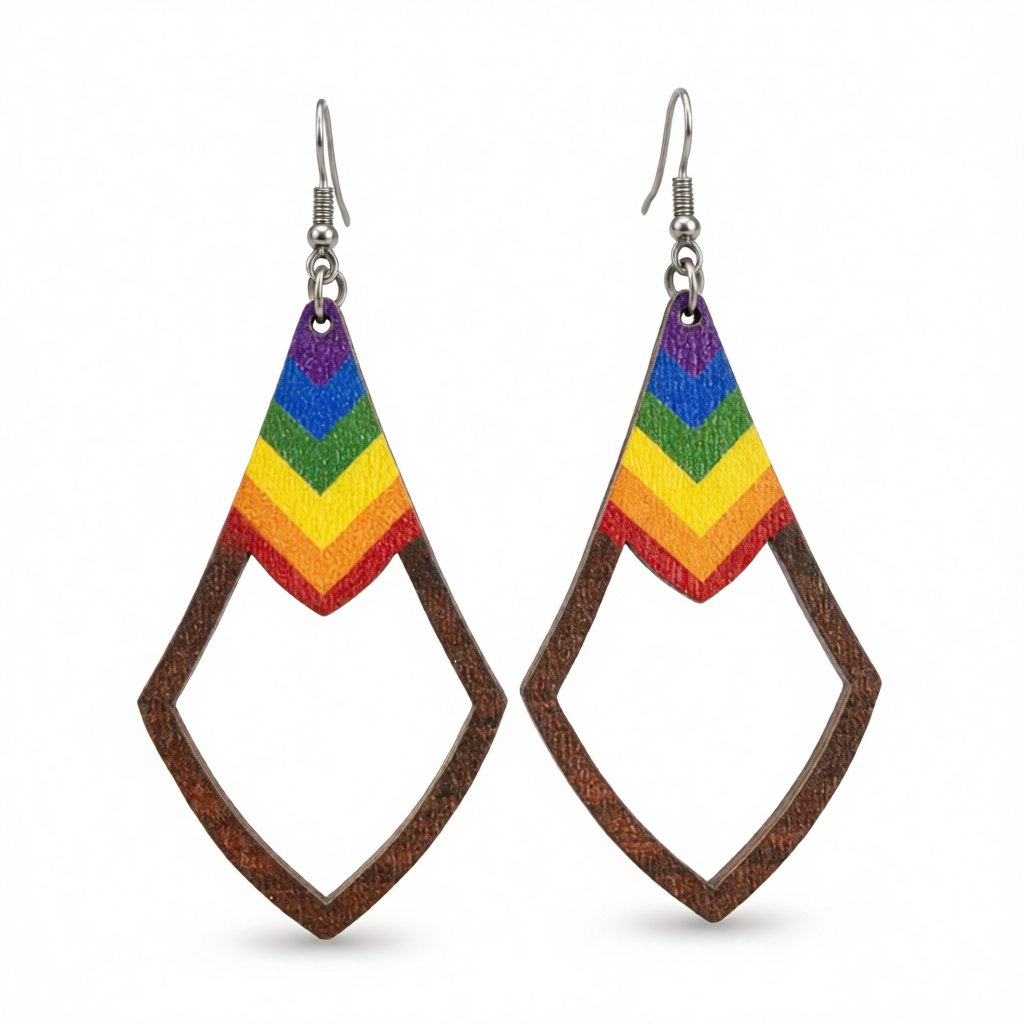 Wood Rainbow Chevron Open Rhombus Drop Earrings, drop earrings for women, vintage-inspired design, side view