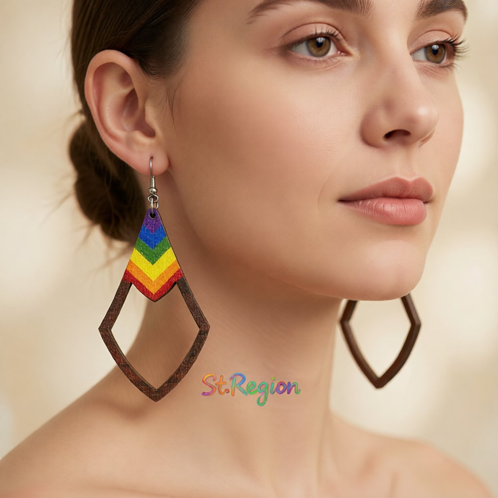 Wood Rainbow Chevron Open Rhombus Drop Earrings, drop earrings for women, vintage-inspired design, styled look