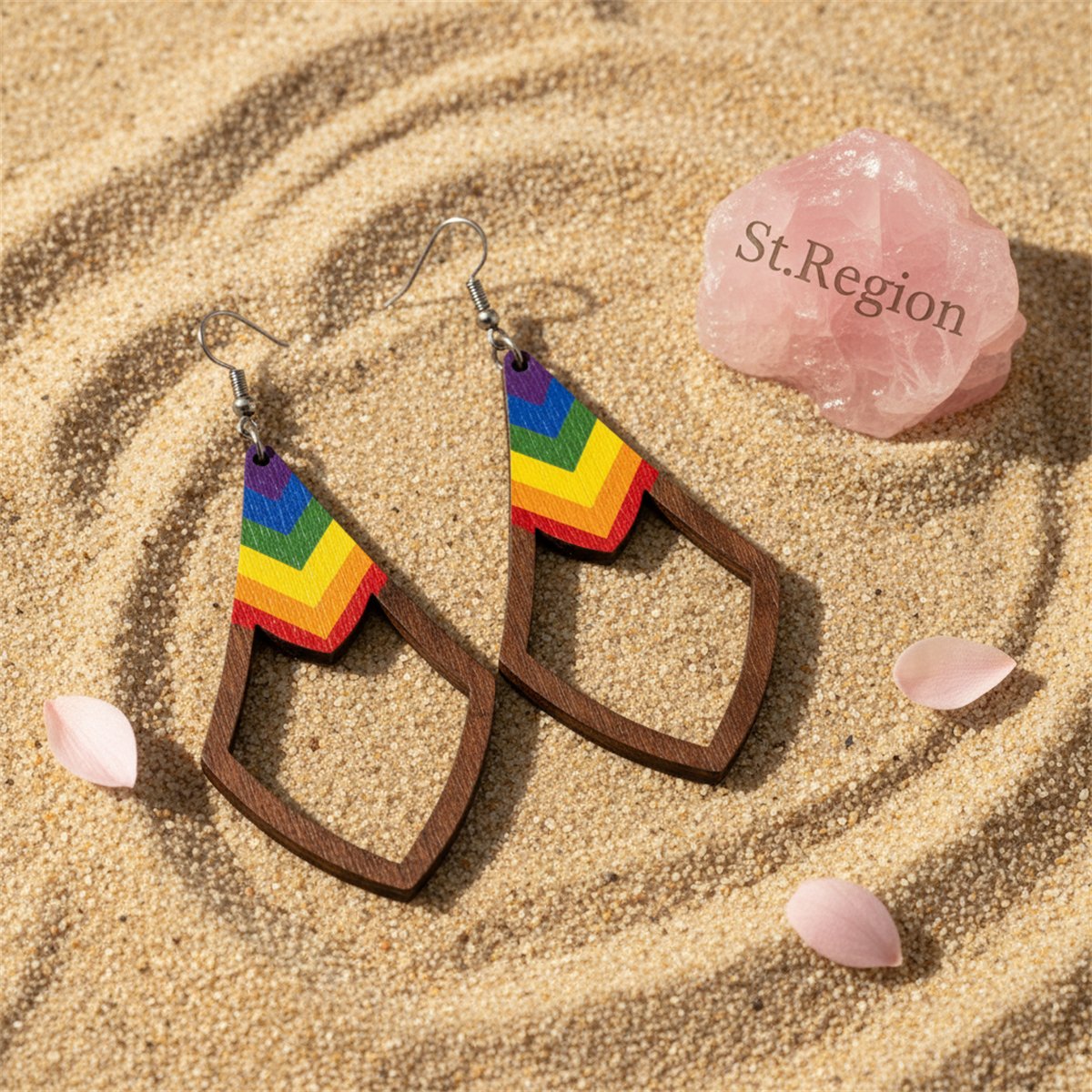 Wood Rainbow Chevron Open Rhombus Drop Earrings, drop earrings for women, vintage-inspired design, detail close-up