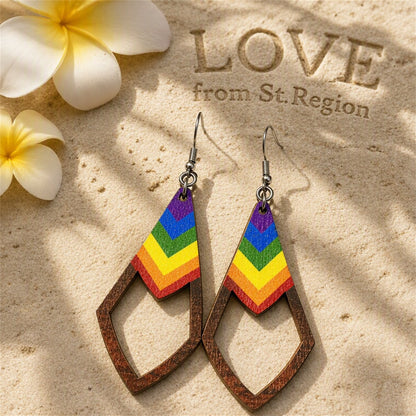 Wood Rainbow Chevron Open Rhombus Drop Earrings, drop earrings for women, vintage-inspired design, lifestyle look
