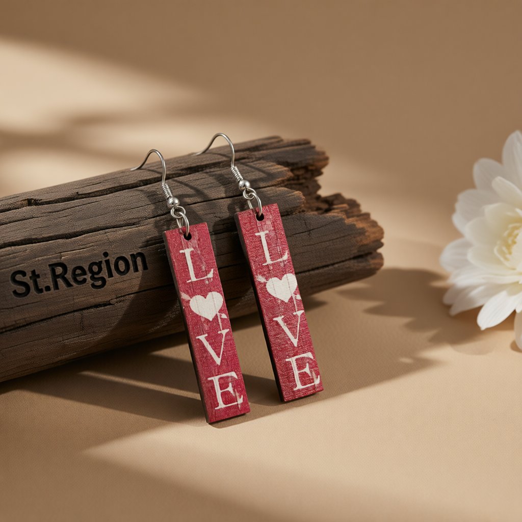 Red and White Wood 'Love' Bar Drop Earrings, drop earrings for women, everyday style, front view