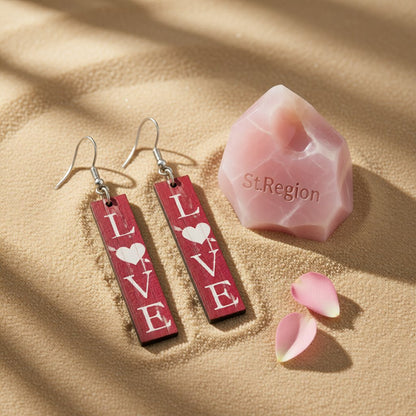 Red and White Wood 'Love' Bar Drop Earrings, drop earrings for women, everyday style, detail close-up