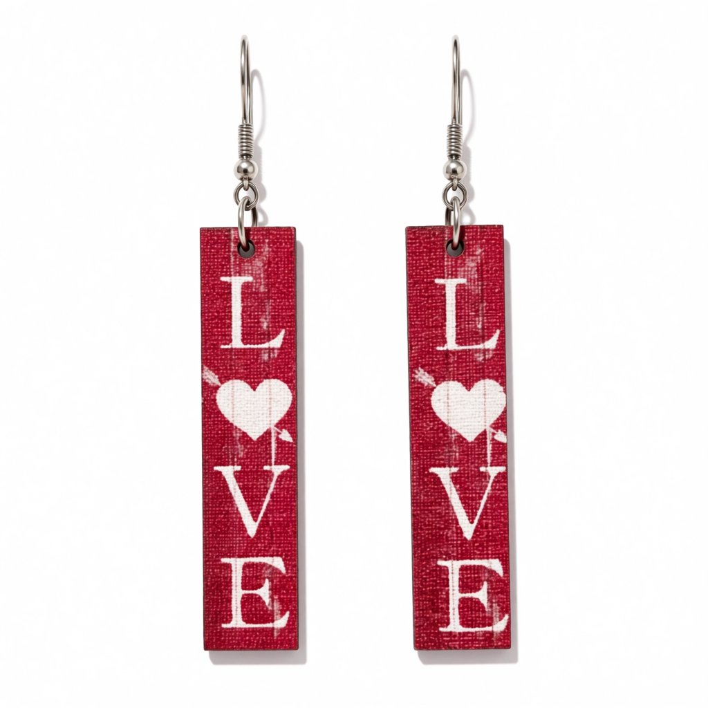 Red and White Wood 'Love' Bar Drop Earrings, drop earrings for women, everyday style, side view